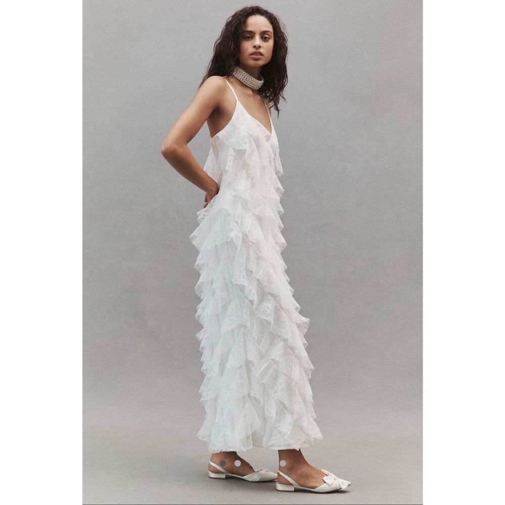 Anthropologie BHLDN Jia Bias Cut Lace Ruffled V Neck Gown Size 16